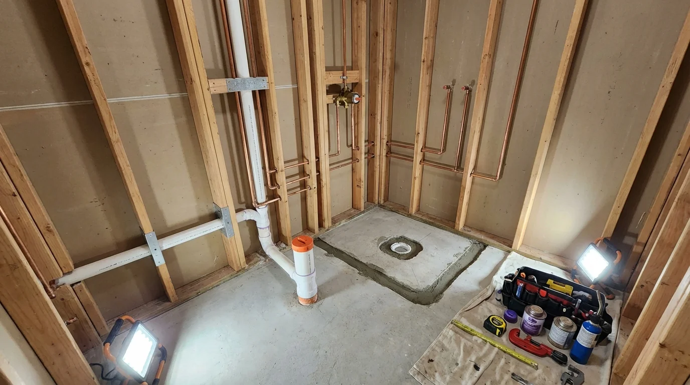 Bathroom rough-in plumbing during remodel by Johns Plumbing LLC in Haddon Heights